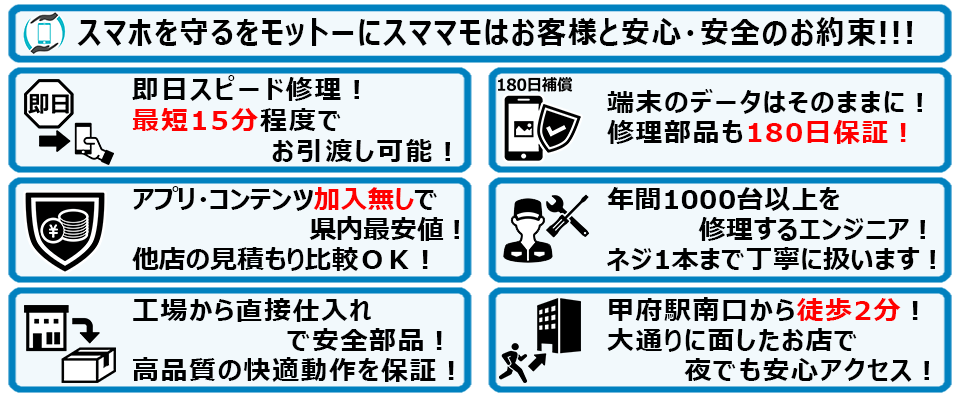 スマホを守るをモットーにスママモはお客様と安心・安全のお約束!!!
